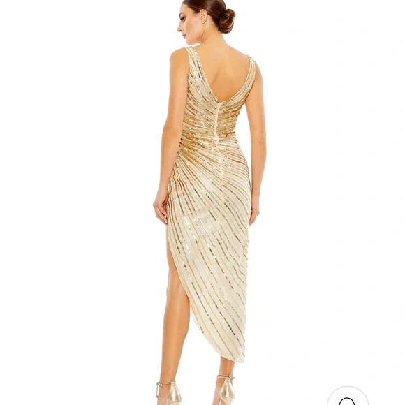 MAC DUGGAL SZ 10 SEQUENCED FAUX WRAP MIDI DRESS. YELLOW/GOLD/NUDE NWT - Picture 2 of 6